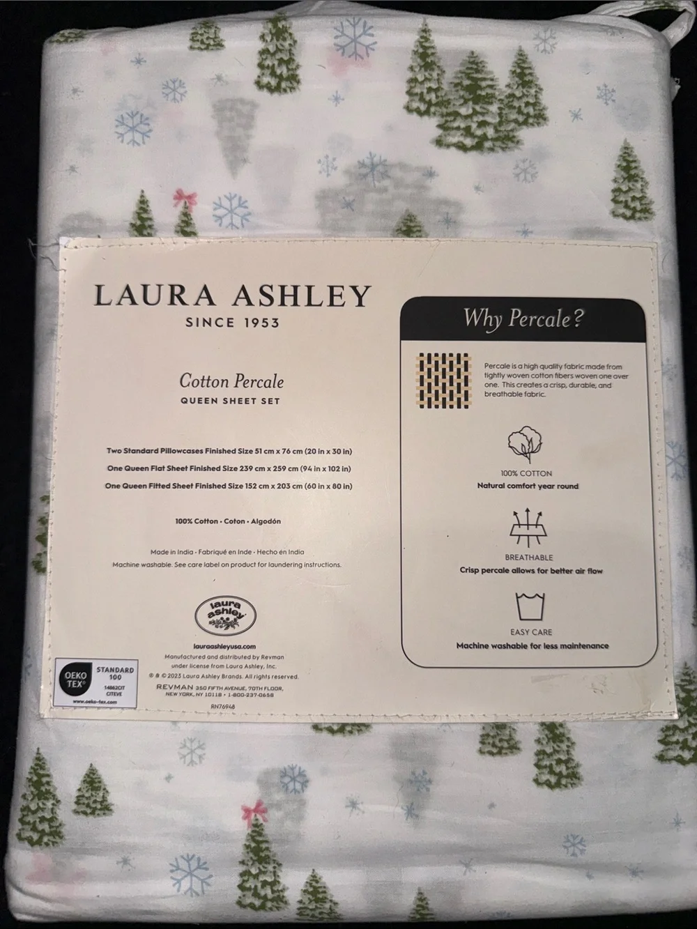 NEW Laura Ashley White CHRISTMAS Tree PINK BOW Print 4 PIECE QUEEN Sheet Set